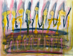 Vertical and Horizontal with Yellow, 2020, watercolor and wax pastel, 18 3/4 x 24 3/4 framed, SOLD